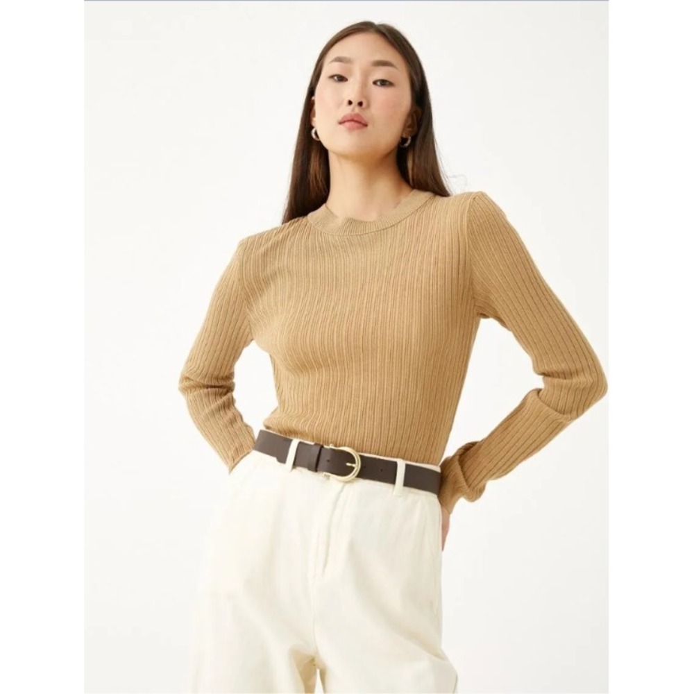 Koton Ribbed Knit Sweater Crew Neck Long Sleeve Cashmere Textured Camel‎ Medium